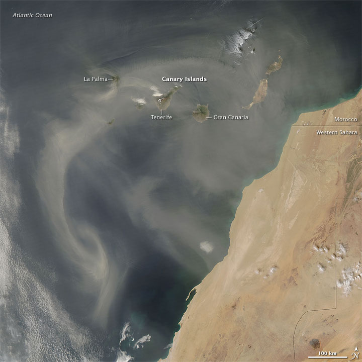 Satellite shot of Saharan dust blowing over the Canary Islands