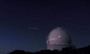 The William Herschel Telescope, Cassiopeia and the International Space Station seen from the Roque de los Muchachos, La Palma