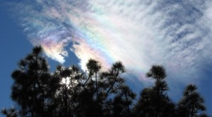 The rainbow colours are caused by ice crystals in the cloud.