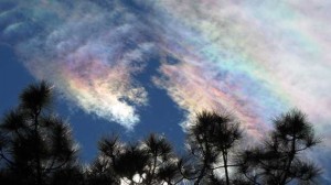 The rainbow colours are caused by ice crystals in the cloud.