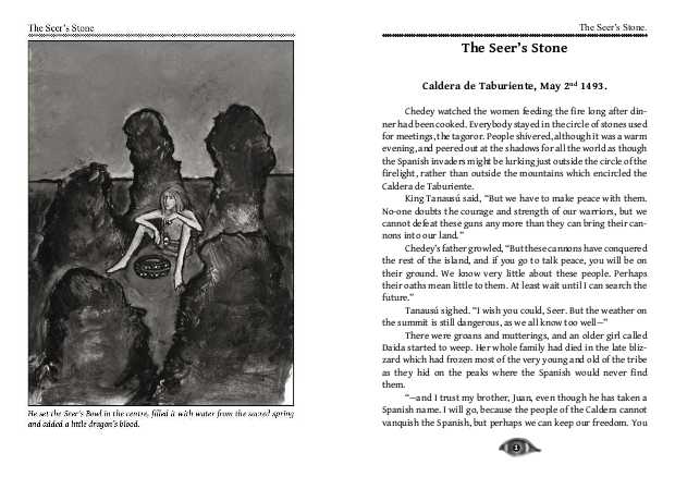 Illustration and first page of The Seer's Stone.