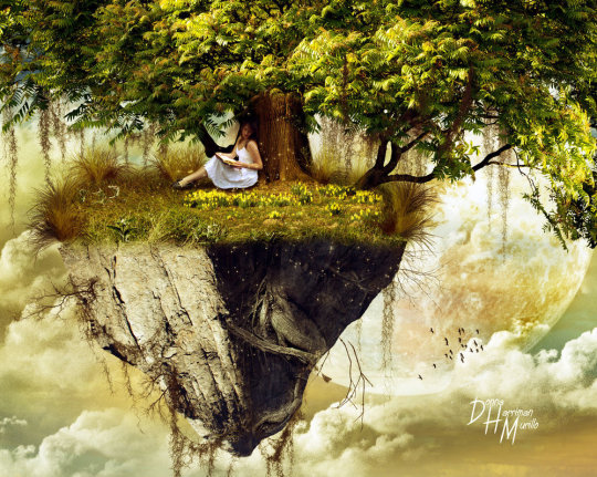 A girl under a tree on a floating island